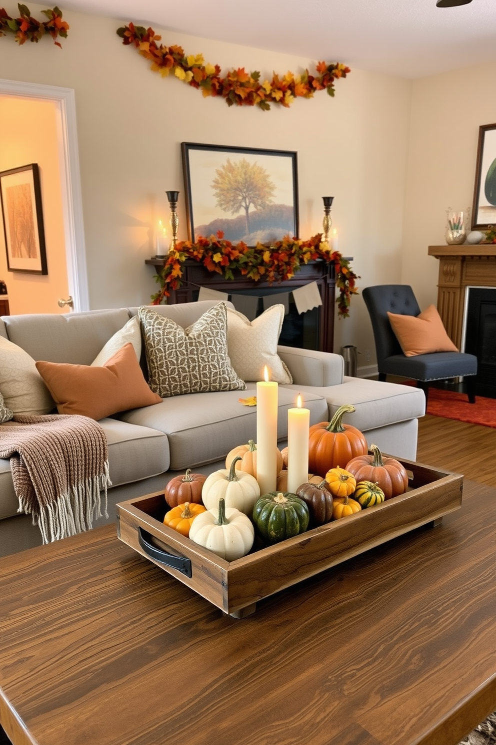 A cozy apartment living room featuring a mantel adorned with a seasonal garland made of autumn leaves and small pumpkins. The mantel is complemented by warm candlelight and decorative lanterns, creating an inviting atmosphere for Thanksgiving gatherings.