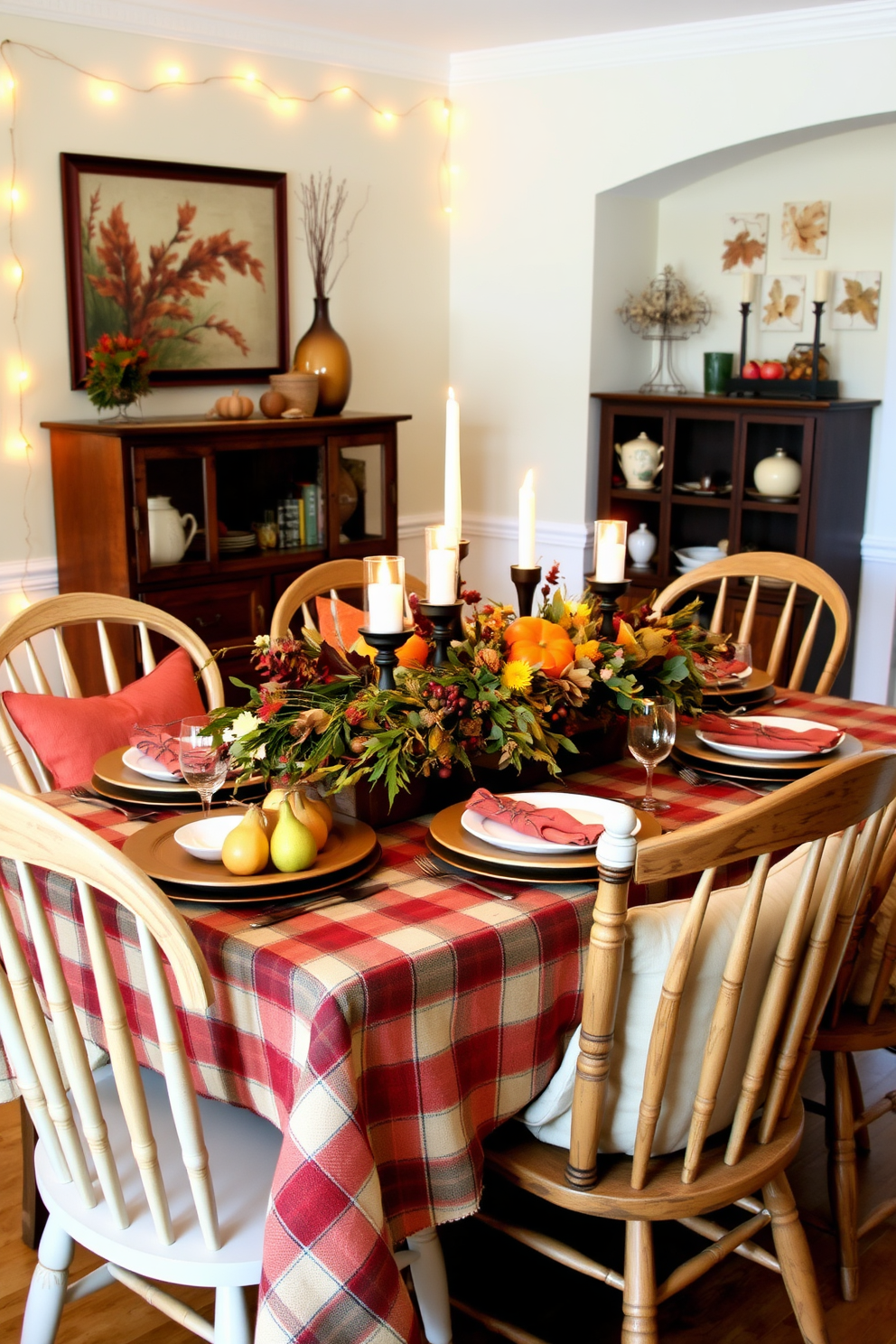 Create a cozy Thanksgiving apartment setting illuminated by warm string lights. The space features a rustic dining table adorned with seasonal decorations, including pumpkins and autumn leaves.