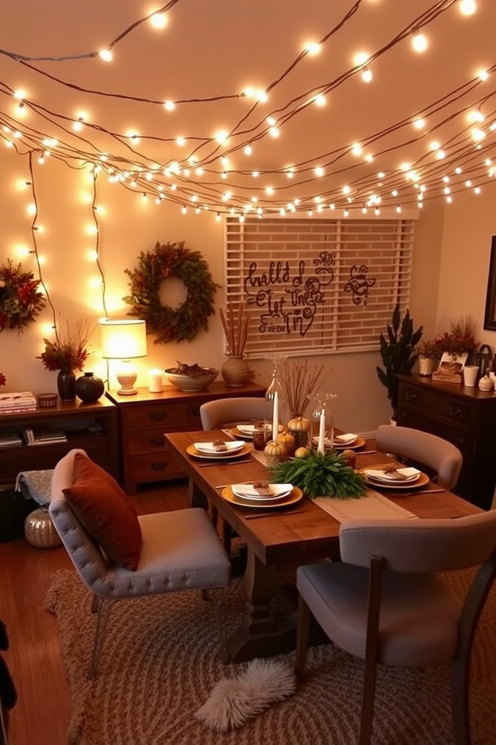 A cozy apartment living space adorned with colorful leaves arranged in elegant vases on a wooden coffee table. The walls are painted in warm tones, complementing the autumnal decor, while soft throw blankets add a touch of comfort to the seating area.