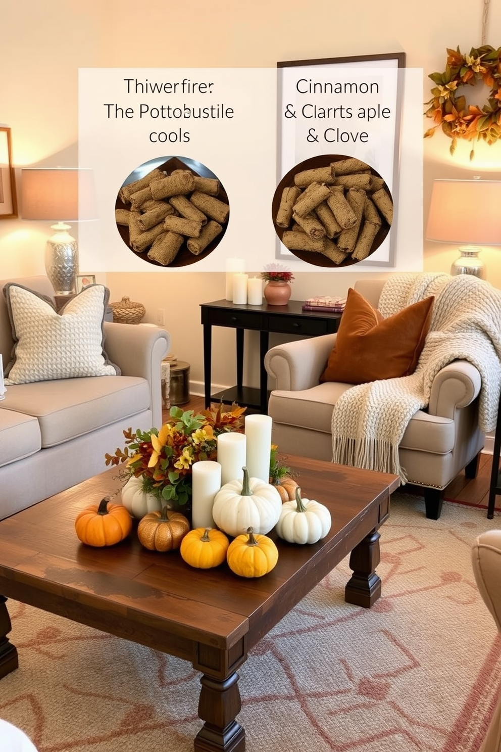 Chalkboard signs with festive messages are creatively arranged throughout the apartment. Each sign features hand-written notes celebrating gratitude and the spirit of Thanksgiving, adding a warm and inviting touch to the decor.