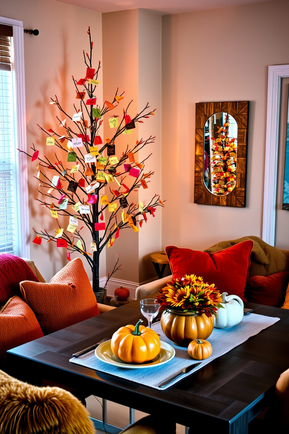 Create a cozy Thanksgiving-themed apartment setting featuring decorative baskets filled with colorful gourds. The baskets should be placed on a rustic wooden coffee table surrounded by warm, inviting textiles and autumnal decor.