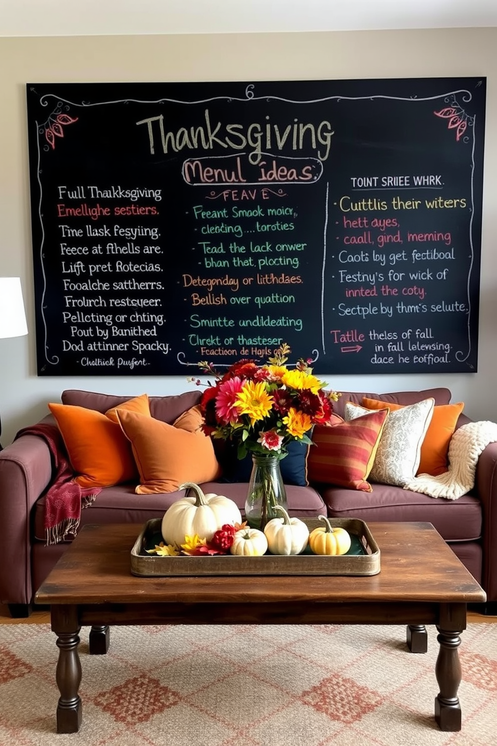 A cozy kitchen adorned with Thanksgiving-themed dish towels hanging from the oven handle. The countertops are decorated with a rustic wooden cutting board and a centerpiece of seasonal fruits and pumpkins. Warm autumn colors fill the space with decorative accents like small gourds and candles. The walls are painted in a soft cream shade, creating a welcoming atmosphere for holiday gatherings.