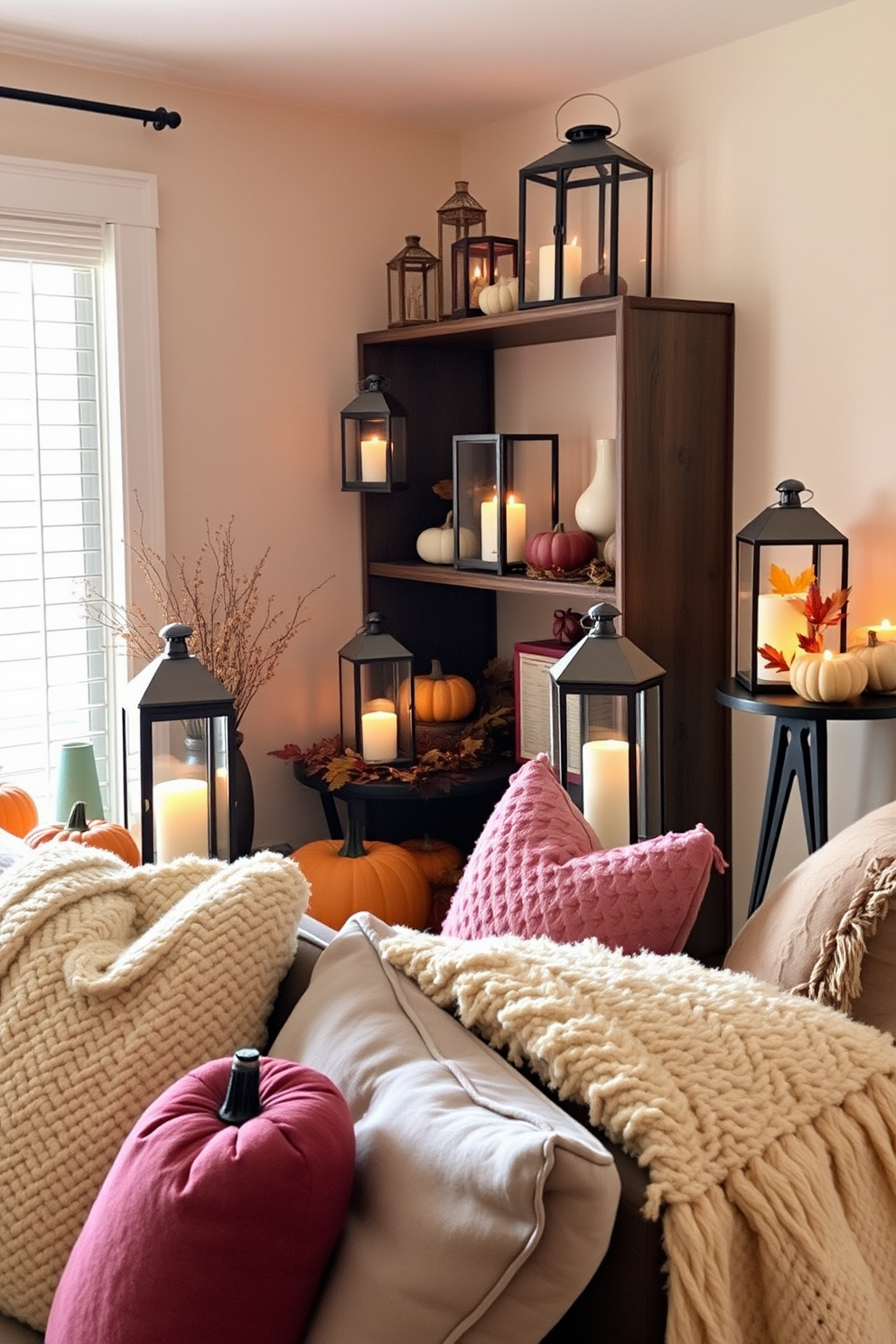 A cozy apartment living room adorned with artwork featuring vibrant autumn landscapes. The walls are painted in warm earthy tones, and a plush sofa is complemented by decorative pillows in rich fall colors. A wooden coffee table sits in the center, surrounded by a soft area rug that adds texture. A small dining nook features a rustic wooden table set for Thanksgiving, complete with seasonal decorations and a centerpiece of pumpkins and candles.