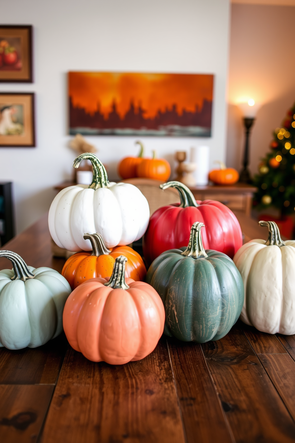 A cozy Thanksgiving-themed apartment decorated with mason jars filled with colorful candy corn. The jars are arranged on a rustic wooden table surrounded by autumn leaves and small pumpkins.