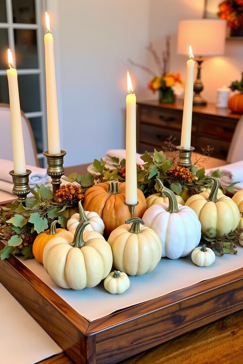 Warm-toned throw pillows are arranged on a plush sectional sofa, enhancing the cozy atmosphere of the living room. The pillows feature a mix of rich oranges, deep reds, and soft yellows, creating a festive and inviting look for Thanksgiving. A rustic wooden coffee table sits in front of the sofa, adorned with a seasonal centerpiece of pinecones and candles. Soft, ambient lighting from a nearby floor lamp casts a warm glow, perfect for gathering with family and friends during the holiday season.