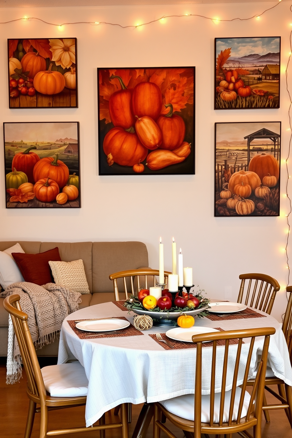 A decorative wreath made of autumn leaves and golden accents adorns the front door, inviting warmth and festivity into the home. Surrounding the entrance, pumpkins of various sizes are arranged on either side, enhancing the Thanksgiving spirit. Inside the apartment, cozy throw blankets in warm hues are draped over the sofa, creating an inviting atmosphere. A centerpiece of seasonal fruits and candles is placed on the dining table, adding a touch of elegance to the holiday decor.