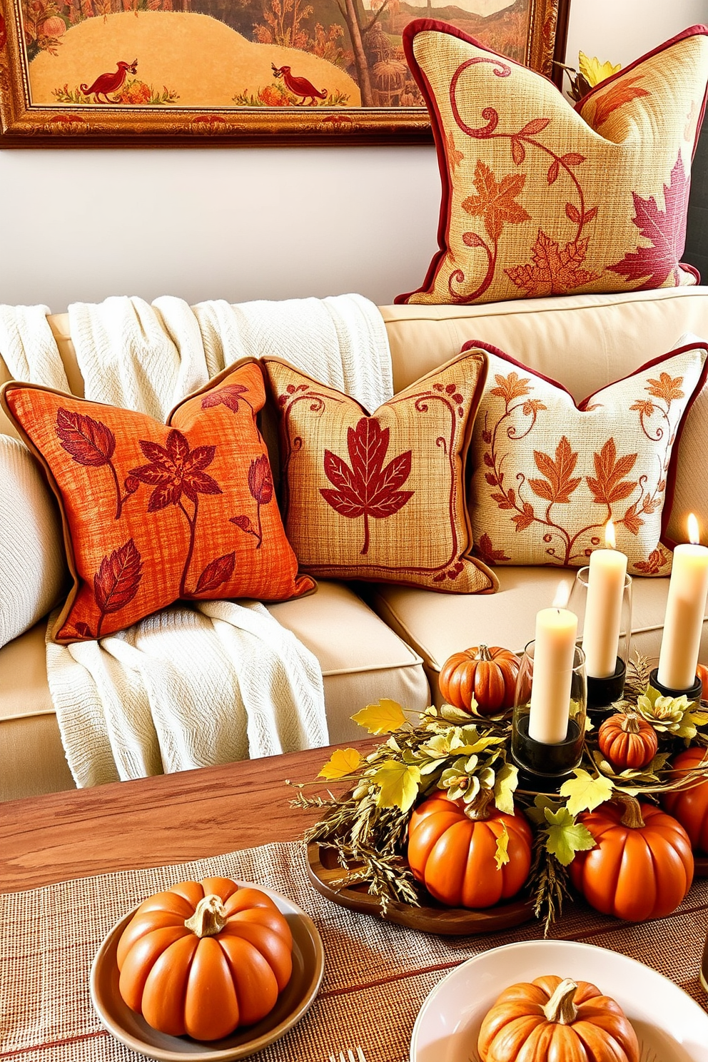 Create a cozy Thanksgiving atmosphere in a stylish apartment. Arrange an assortment of candles in rustic holders on a wooden dining table, surrounded by seasonal decorations like small pumpkins and autumn leaves. In the living room, place candles on a mantelpiece adorned with a garland of dried foliage. Use warm lighting to enhance the inviting feel of the space, creating a perfect backdrop for holiday gatherings.