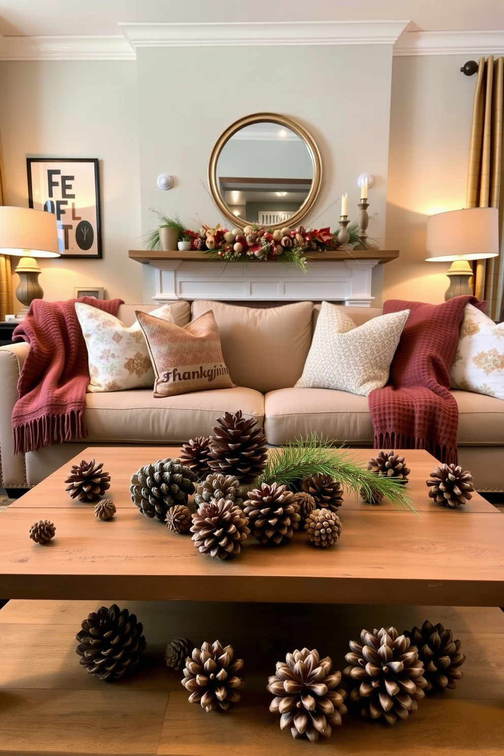 Mini pumpkins scattered across the table create a warm and inviting atmosphere perfect for Thanksgiving. The table is adorned with a rustic burlap runner, complementing the autumnal theme.