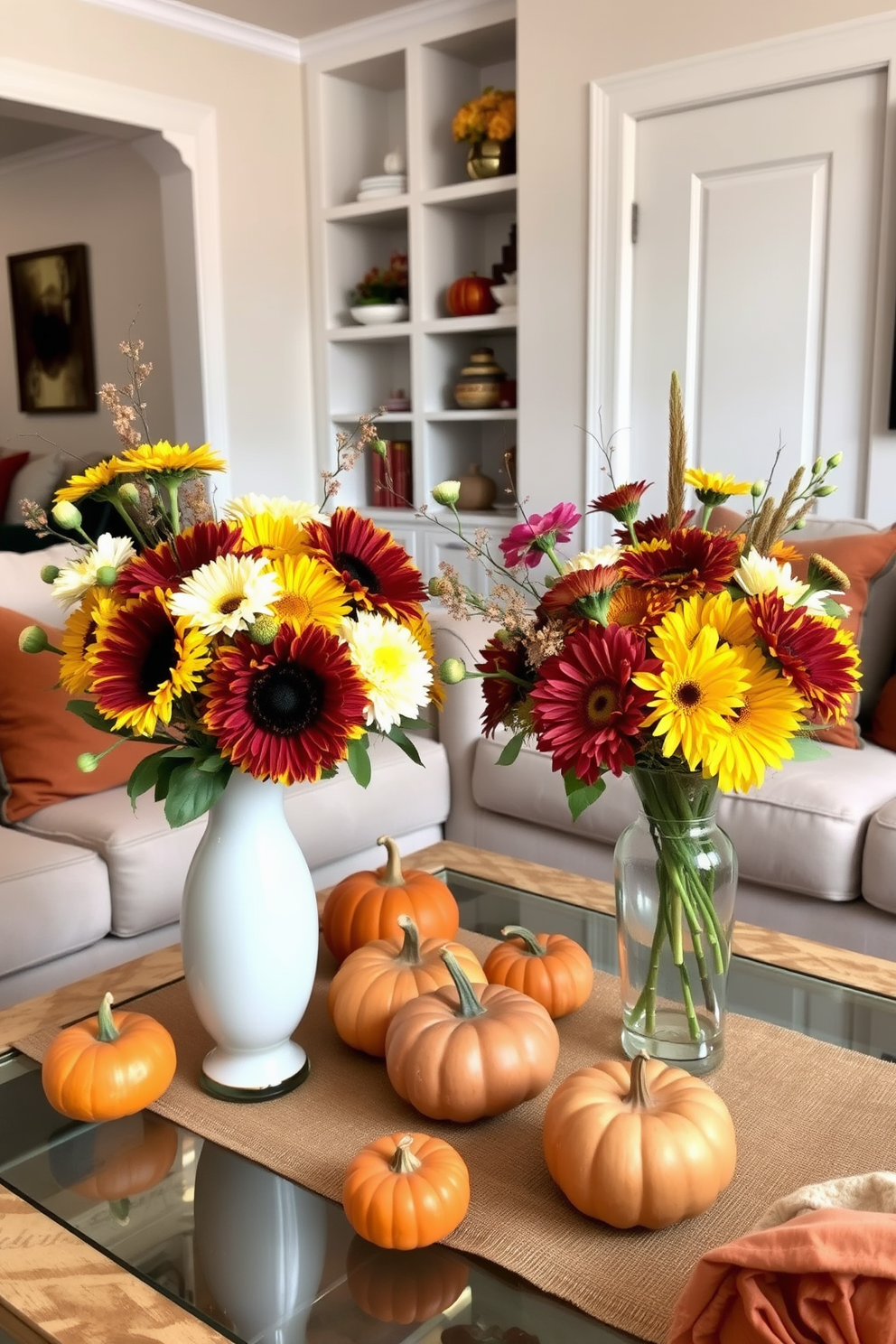 A cozy apartment living space adorned with natural elements like pinecones and acorns. The decor features a rustic wooden coffee table surrounded by soft, textured seating and warm throw blankets. On the walls, seasonal artwork showcases autumn leaves and harvest themes. A centerpiece of pinecones and acorns is artfully arranged on the table, enhancing the festive atmosphere.