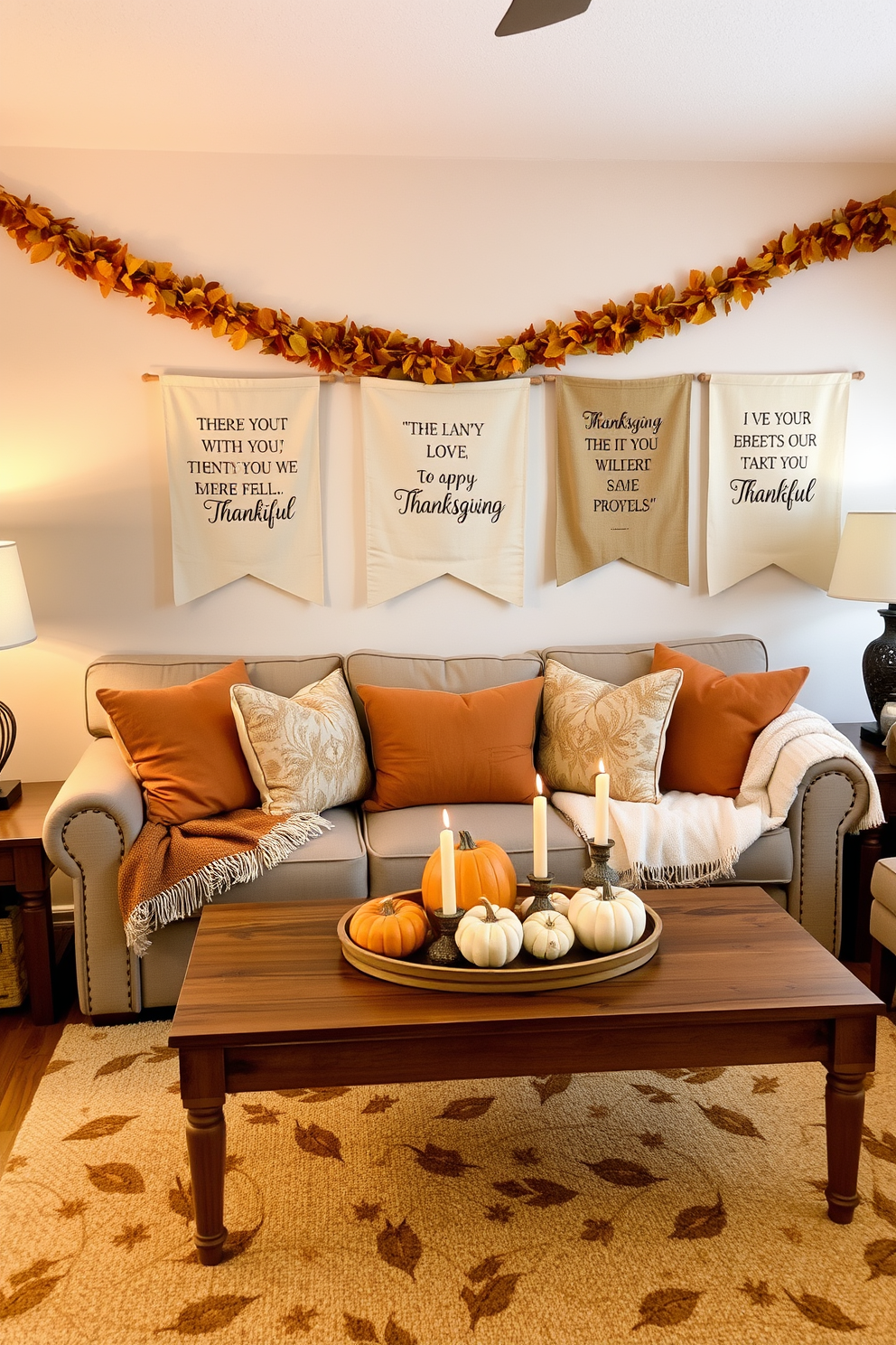 A beautifully set dining table adorned with a Thanksgiving-themed table runner featuring autumn leaves and pumpkins. The table is surrounded by elegant chairs, and a centerpiece of seasonal flowers adds a pop of color. Soft lighting creates a warm ambiance, highlighting the rich tones of the table setting. The backdrop includes subtle fall decorations that enhance the festive atmosphere of the apartment.