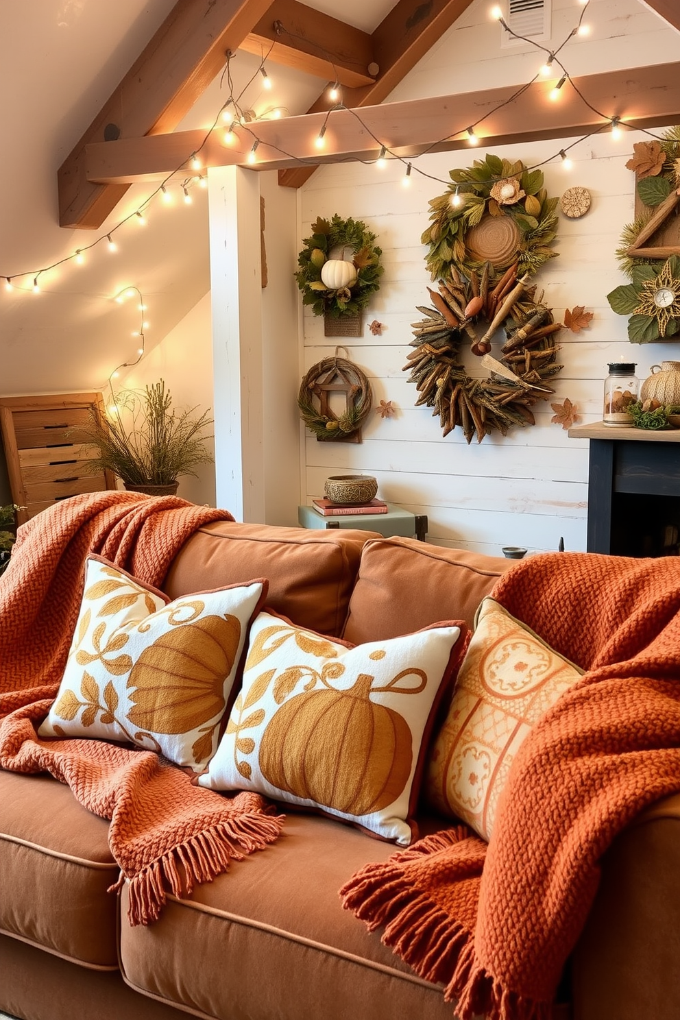 Cozy fall-themed throw blankets and pillows are draped over a plush sofa in warm earth tones. The pillows feature intricate patterns of leaves and pumpkins, inviting relaxation and comfort. The attic is transformed into a festive retreat with rustic decorations for Thanksgiving. String lights hang from the beams, illuminating handmade crafts and seasonal accents that celebrate the holiday spirit.