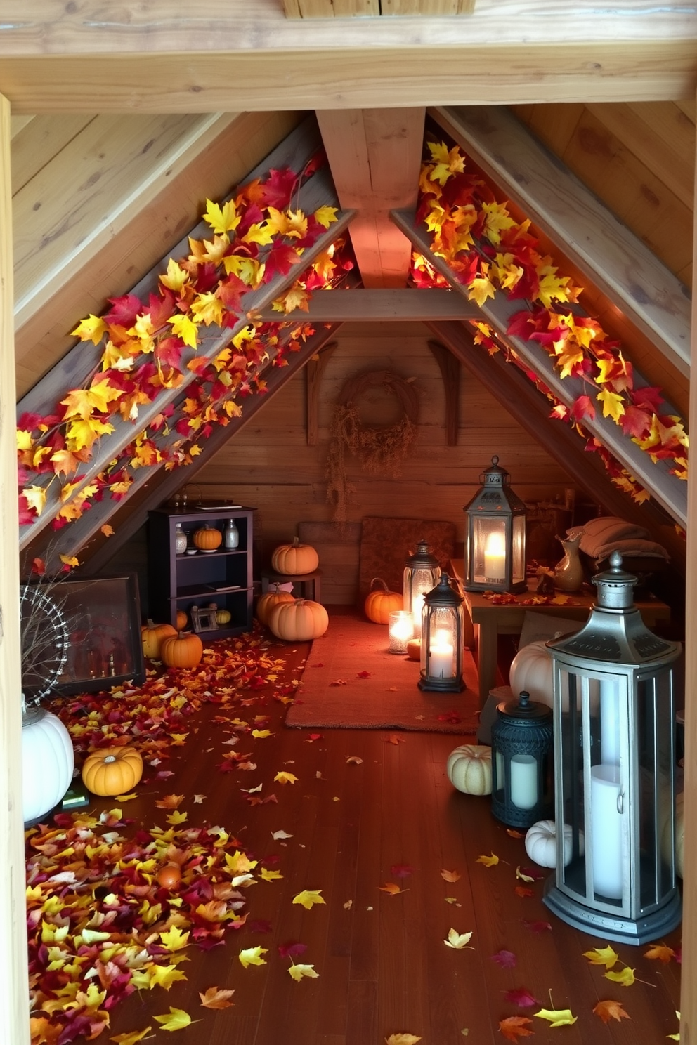 A cozy attic space adorned with vintage glassware creates a nostalgic atmosphere. The shelves are filled with an assortment of colorful glass bottles and delicate crystal pieces, reflecting warm light from a nearby window. Soft, muted colors on the walls enhance the vintage feel of the room. A rustic wooden table is set with a charming arrangement of seasonal decorations, inviting warmth and comfort for Thanksgiving gatherings.