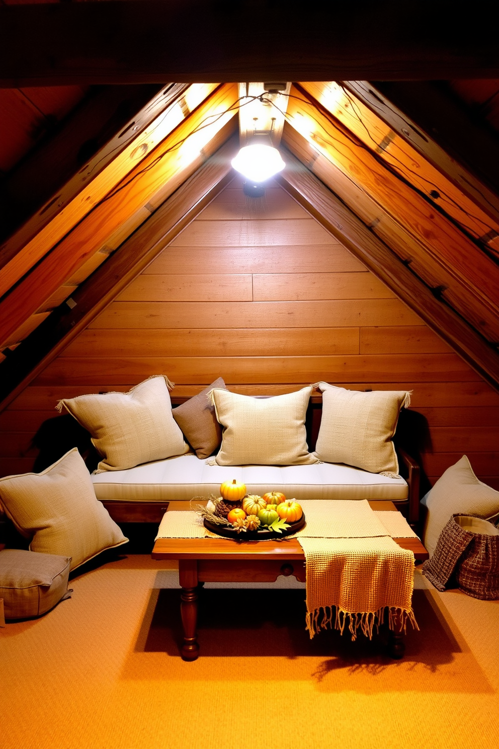 A cozy attic space adorned with burlap accents creates a warm and inviting atmosphere. Rustic wooden beams line the ceiling, while burlap-covered cushions are scattered across a vintage wooden bench. A small harvest-themed table is set up, featuring burlap runners and autumnal decorations. Soft, ambient lighting illuminates the space, enhancing the charm of the rustic decor.