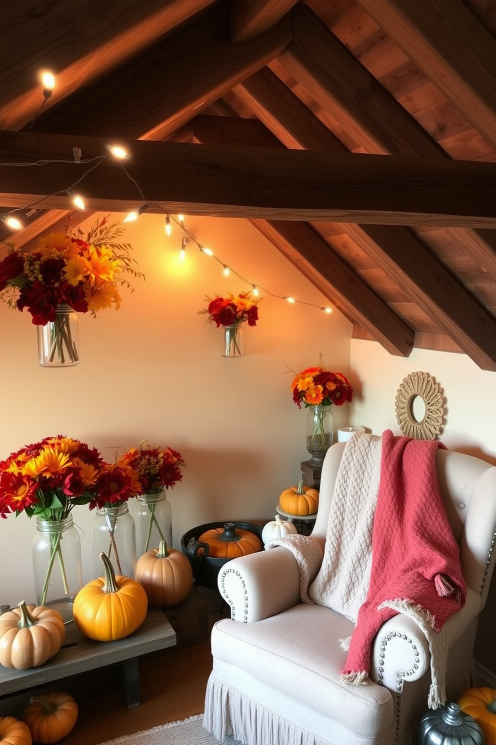 A cozy attic space adorned with mason jars filled with vibrant autumn flowers in rich oranges and deep reds. The rustic wooden beams are exposed, and soft string lights create a warm ambiance throughout the room. An inviting seating area is set up with a plush armchair draped in a knitted throw, surrounded by decorative pumpkins and seasonal accents. The walls are painted in a warm beige tone, enhancing the overall charm of the Thanksgiving decor.