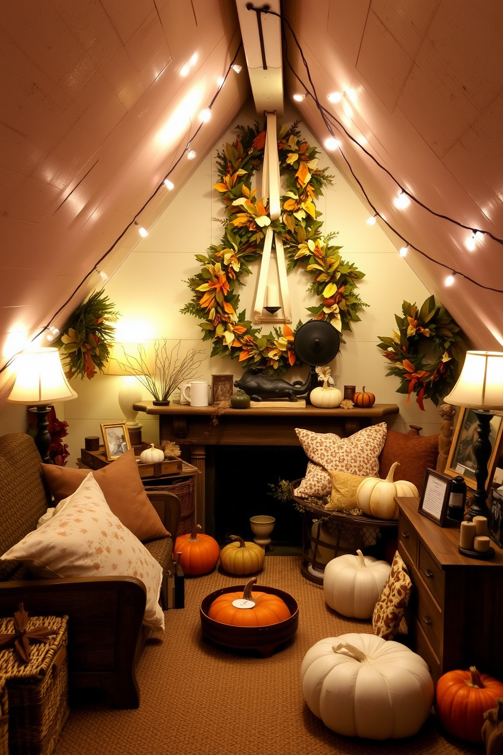 A cozy attic space decorated for Thanksgiving. Soft, warm lighting illuminates the room filled with rustic decor, including autumn-themed wreaths and scented sachets placed throughout for a delightful aroma.