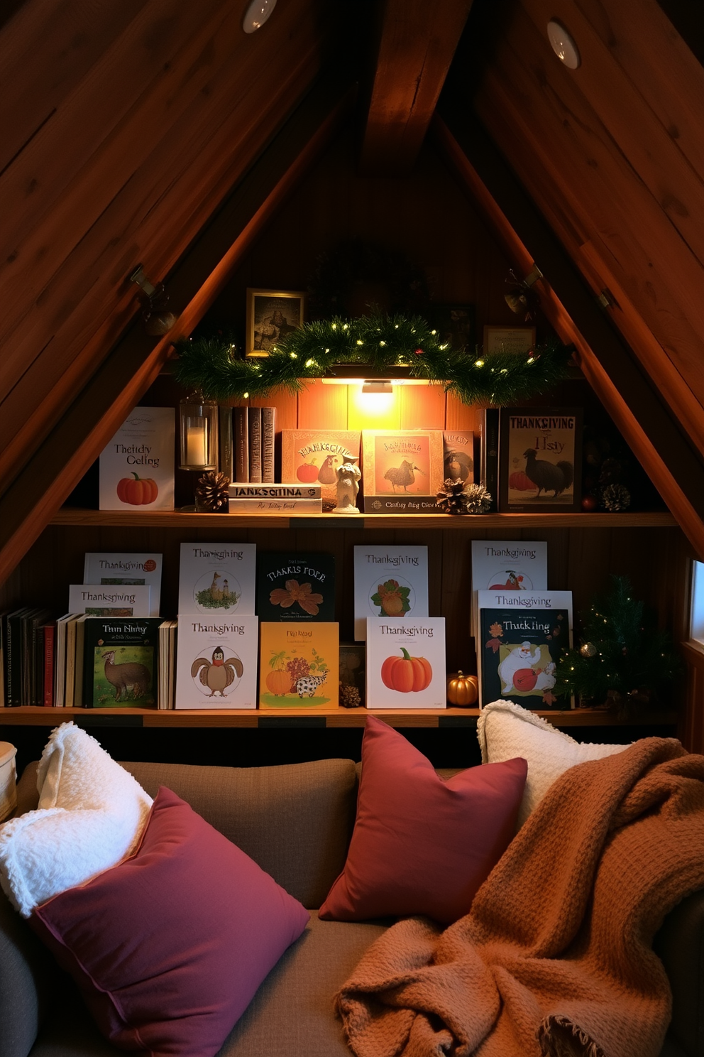 A cozy attic space adorned with holiday-themed decorations. Shelves are filled with an array of Thanksgiving books, featuring warm colors and autumn motifs. Soft lighting creates a welcoming ambiance, highlighting the rich textures of the wooden beams. Plush cushions and a warm throw blanket invite relaxation in this festive nook.