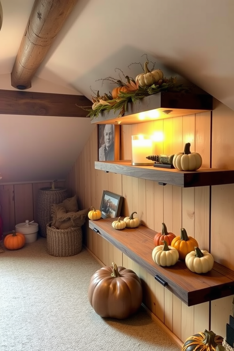 A cozy attic space adorned for Thanksgiving. Decorative corn and gourds are strategically placed on rustic wooden shelves, adding a seasonal touch to the warm ambiance. Soft, warm lighting illuminates the area, highlighting the textures of the natural elements. The walls are adorned with subtle autumn-themed artwork, creating a festive yet inviting atmosphere.