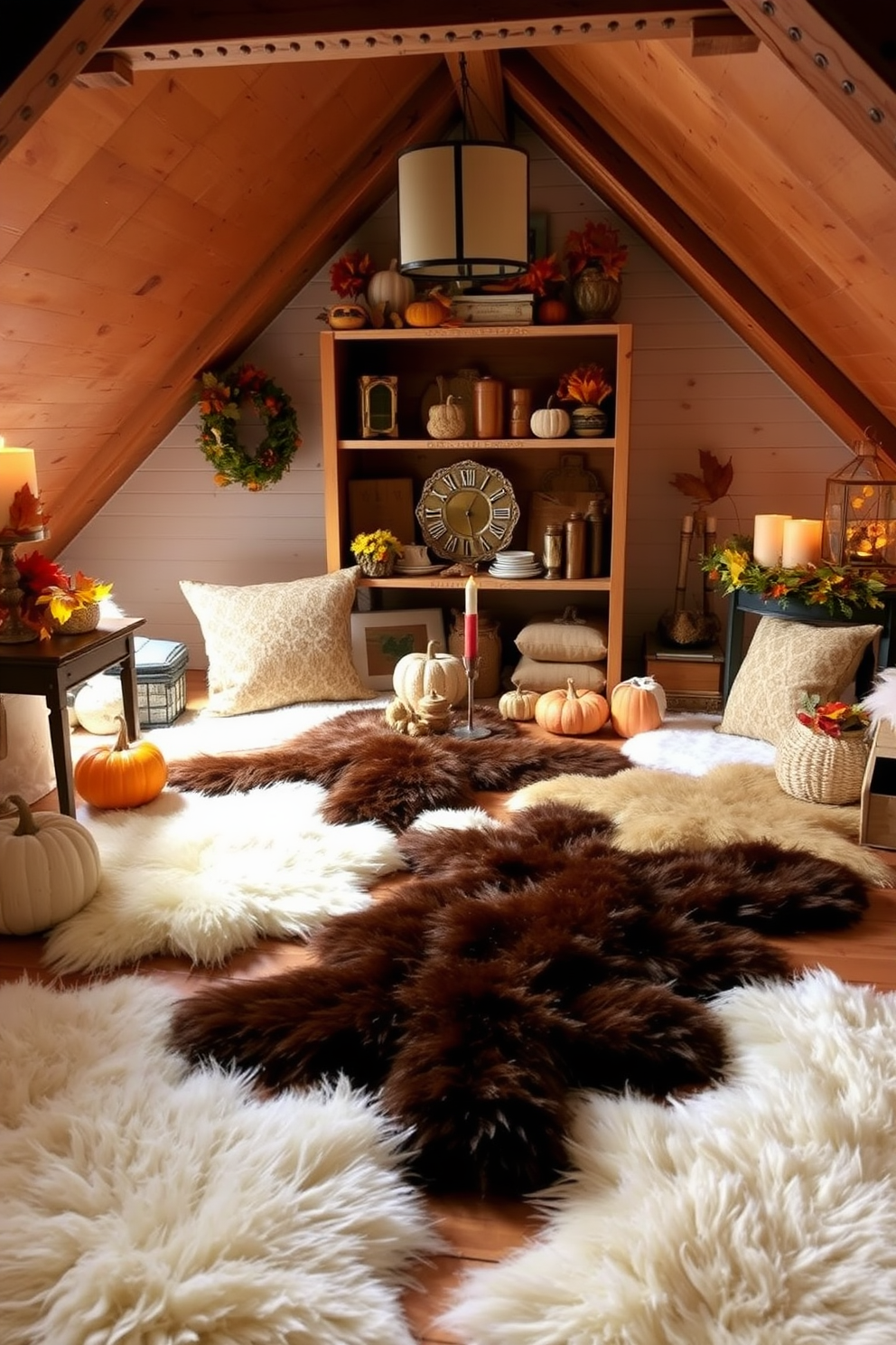 A cozy attic space decorated for Thanksgiving. The floor is covered with soft faux fur rugs that add warmth, while autumn-themed decor fills the shelves and corners, creating a festive atmosphere.