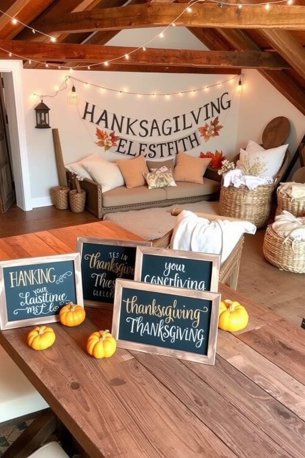 A cozy attic space transformed for Thanksgiving featuring handmade crafts and decorations created by family members. The walls are adorned with colorful autumn-themed artwork, and a rustic wooden table is set with a festive display of pumpkins and candles.