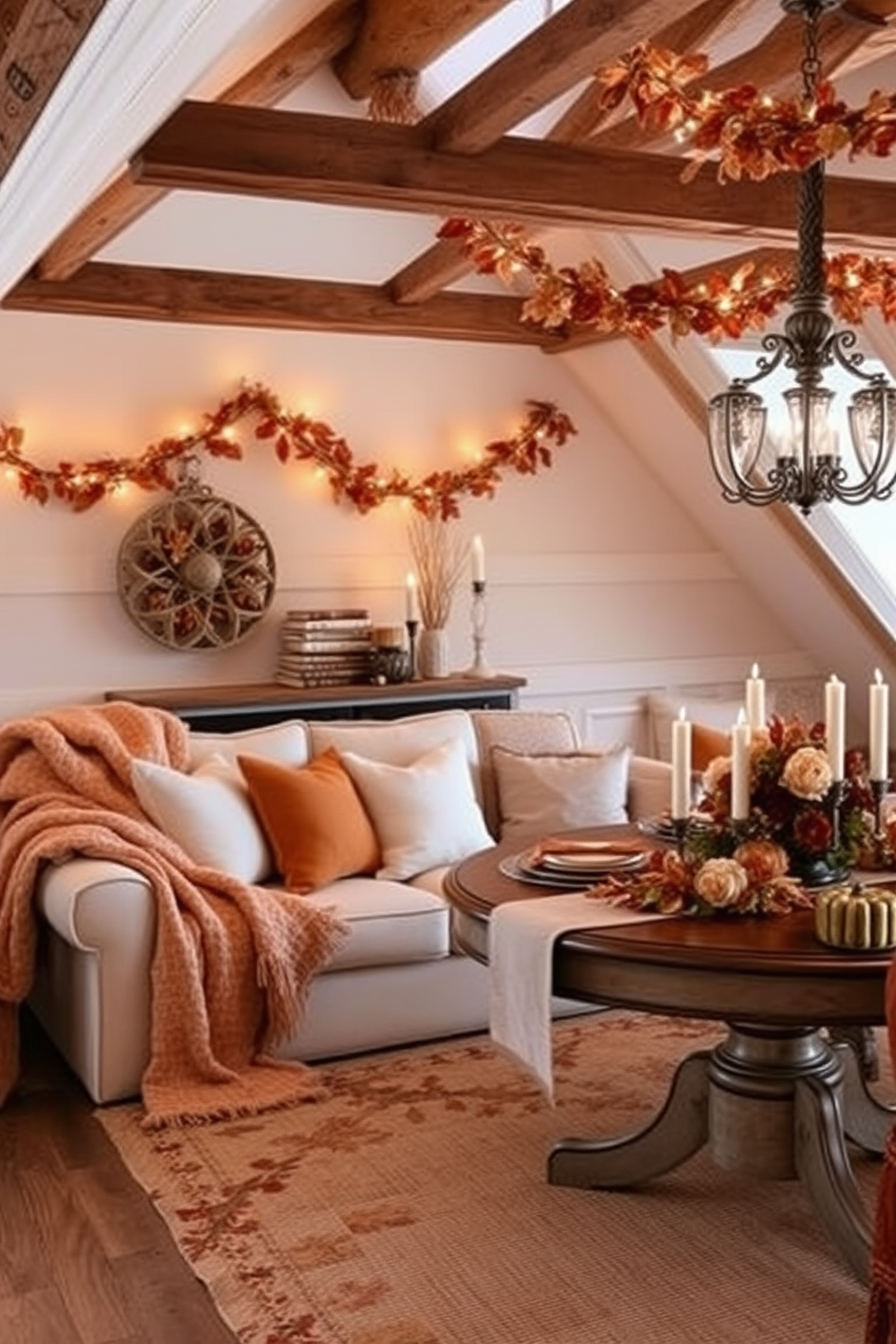 Layered textiles create a cozy atmosphere with plush throw blankets draped over a soft sectional sofa. Accent pillows in warm autumn colors add depth and comfort to the seating area. For Thanksgiving attic decorating ideas, envision rustic wooden beams adorned with fairy lights and garlands of dried leaves. A vintage dining table is set with an elegant table runner and seasonal centerpieces, inviting warmth and togetherness.