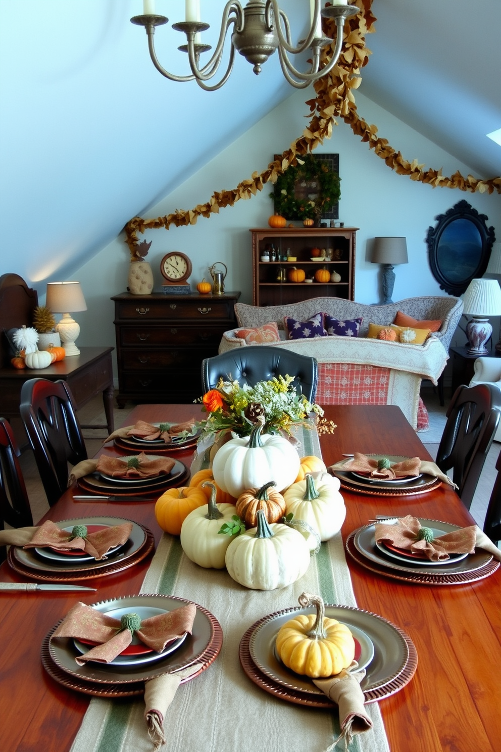 Warm candle arrangements with fall scents create an inviting atmosphere perfect for Thanksgiving gatherings. Arrange various sizes of candles in rustic holders surrounded by autumn leaves and small pumpkins to enhance the seasonal charm. For attic decorating ideas, transform the space into a cozy retreat by using warm colors and soft textiles. Incorporate comfortable seating, layered rugs, and ambient lighting to make the attic a welcoming escape.