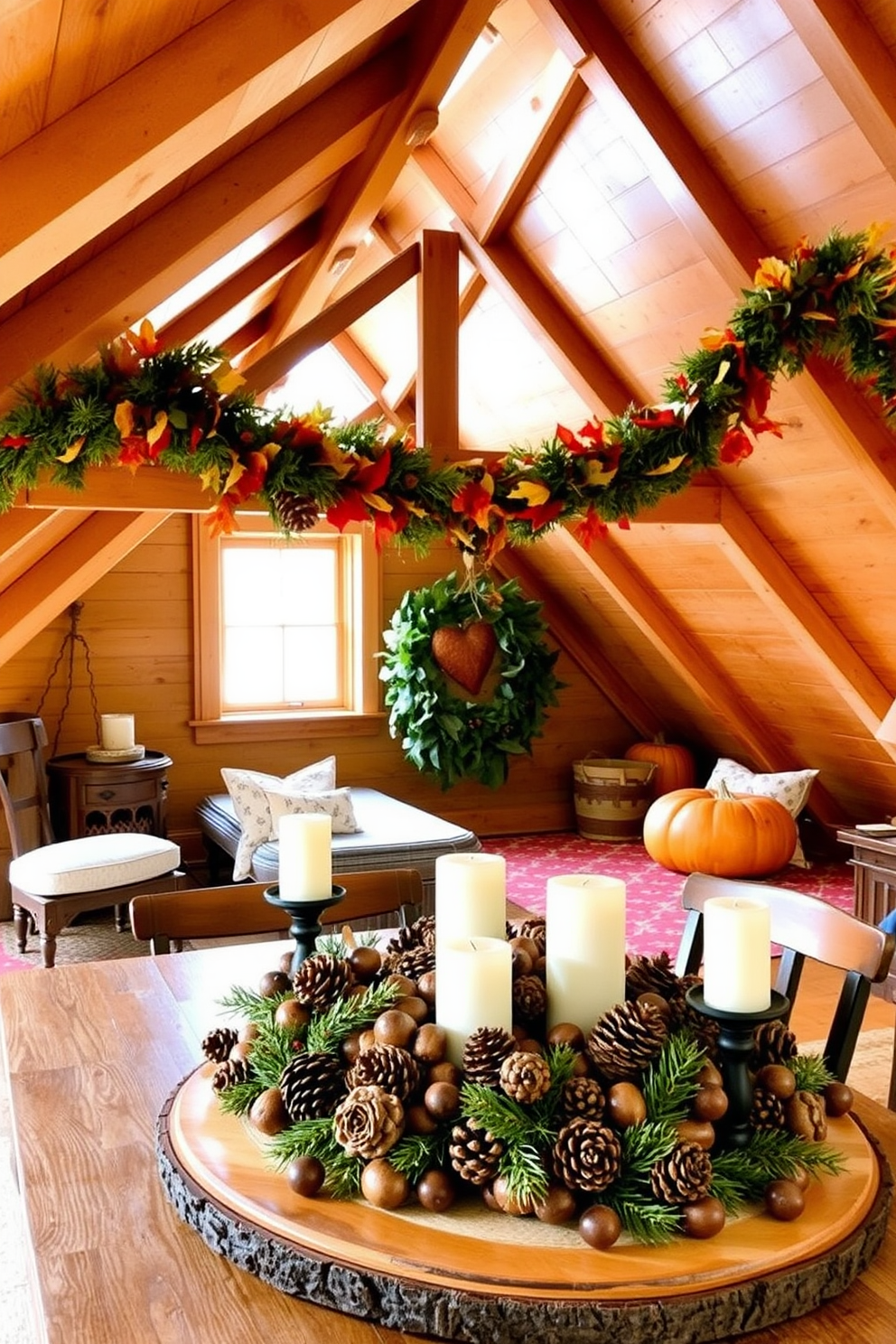 A cozy attic space decorated for Thanksgiving features pinecones and acorns as natural decor elements. The wooden beams are adorned with garlands of autumn leaves, while a rustic table showcases a centerpiece made of pinecones and acorns surrounded by candles.