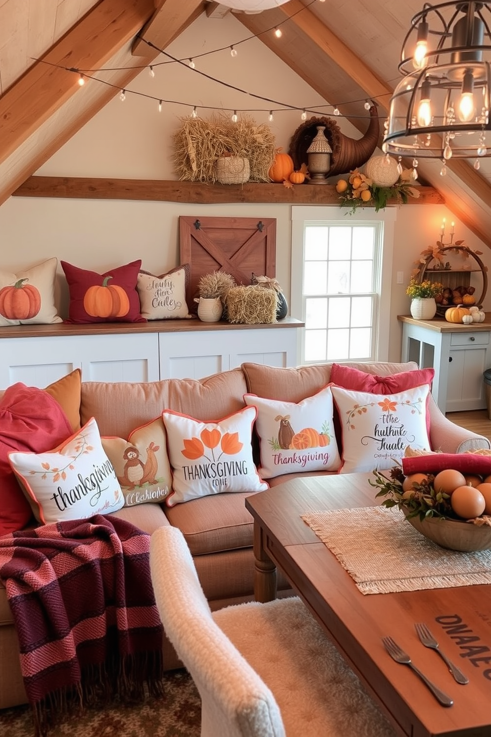 A cozy attic space adorned with seasonal garlands draped across the wooden beams. The warm colors of autumn leaves and pumpkins create a festive atmosphere, inviting family gatherings and holiday cheer.