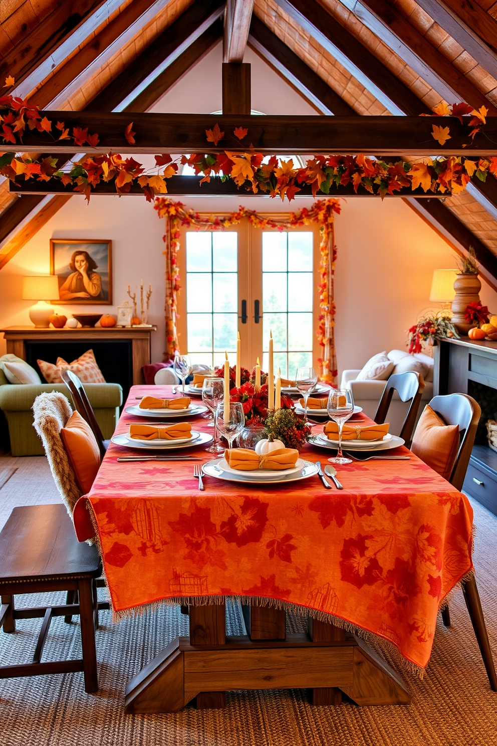 Seasonal table settings with warm colors. A rustic wooden table is adorned with a vibrant autumn-themed tablecloth featuring shades of orange, red, and gold. Thanksgiving attic decorating ideas. The attic is transformed into a cozy gathering space with plush seating, warm lighting, and seasonal decorations like pumpkins and garlands of leaves.