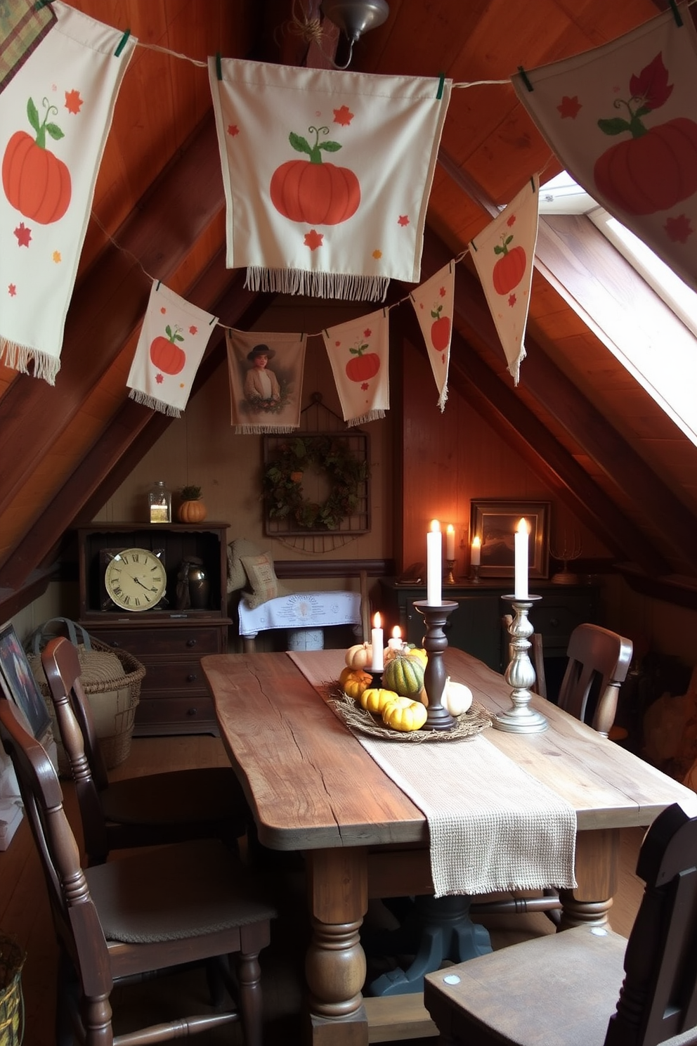 A cozy attic space adorned with rustic charm. Baskets filled with seasonal fruits are arranged on a reclaimed wood table, surrounded by soft, warm lighting from vintage pendant fixtures. The walls are painted in a soft beige, creating a welcoming atmosphere. Decorative pillows and throws in autumnal colors are scattered on a comfortable seating area, adding a touch of warmth and style.