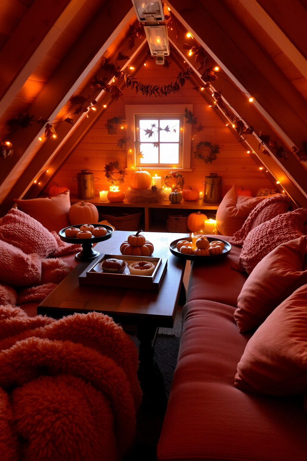 A cozy attic space decorated for Thanksgiving. There are decorative trays filled with seasonal snacks like pumpkin pie and apple cider donuts, arranged on a rustic wooden table surrounded by warm, ambient lighting. The walls are adorned with autumn-themed decorations, including garlands of leaves and small pumpkins. Plush blankets and cushions in rich oranges and browns are scattered across a comfy seating area, inviting guests to relax and enjoy the festive atmosphere.