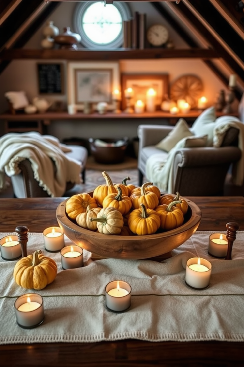 Miniature pumpkins are arranged in a rustic wooden bowl as table decor, adding a charming touch to the Thanksgiving feast. Surrounding the bowl are softly flickering candles that create a warm and inviting ambiance. The attic is transformed into a cozy retreat with plush seating and warm lighting, featuring vintage decor that tells a story. Soft, neutral textiles drape over the furniture, creating a comfortable and inviting atmosphere perfect for relaxation.