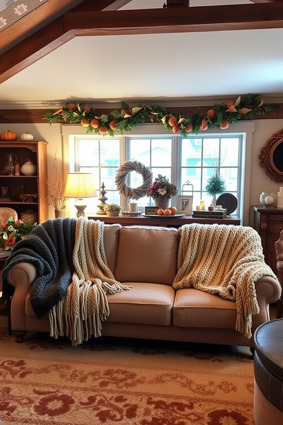 Cozy knitted blankets are draped over a plush sofa in a warm, inviting living room. The space is adorned with autumnal decor, including pumpkins and garlands, creating a festive atmosphere for Thanksgiving. The attic is transformed into a charming retreat with soft lighting and rustic wooden accents. Vintage decorations and seasonal touches enhance the cozy vibe, making it a perfect gathering spot for family celebrations.