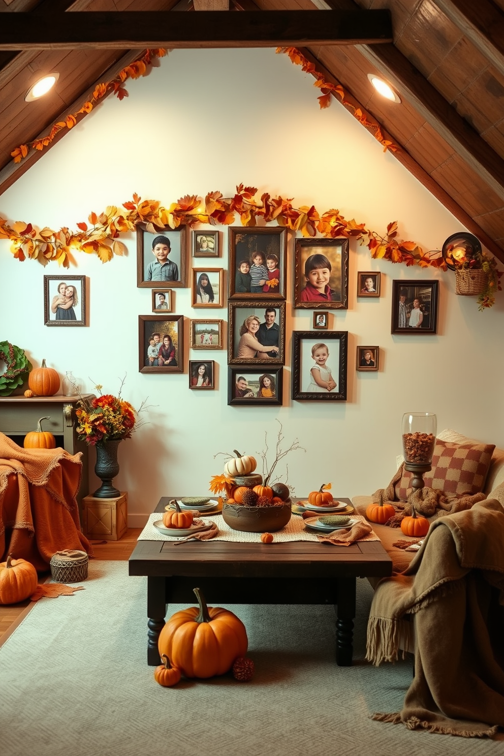 A cozy family photo wall adorned with warm autumn colors and fall-themed decorations. Pictures of loved ones are framed in rustic wooden frames, surrounded by garlands of dried leaves and small pumpkins. An inviting attic space decorated for Thanksgiving with soft, plush seating and warm lighting. The decor features a mix of vintage and modern elements, including a harvest table set with seasonal centerpieces and cozy blankets draped over the furniture.