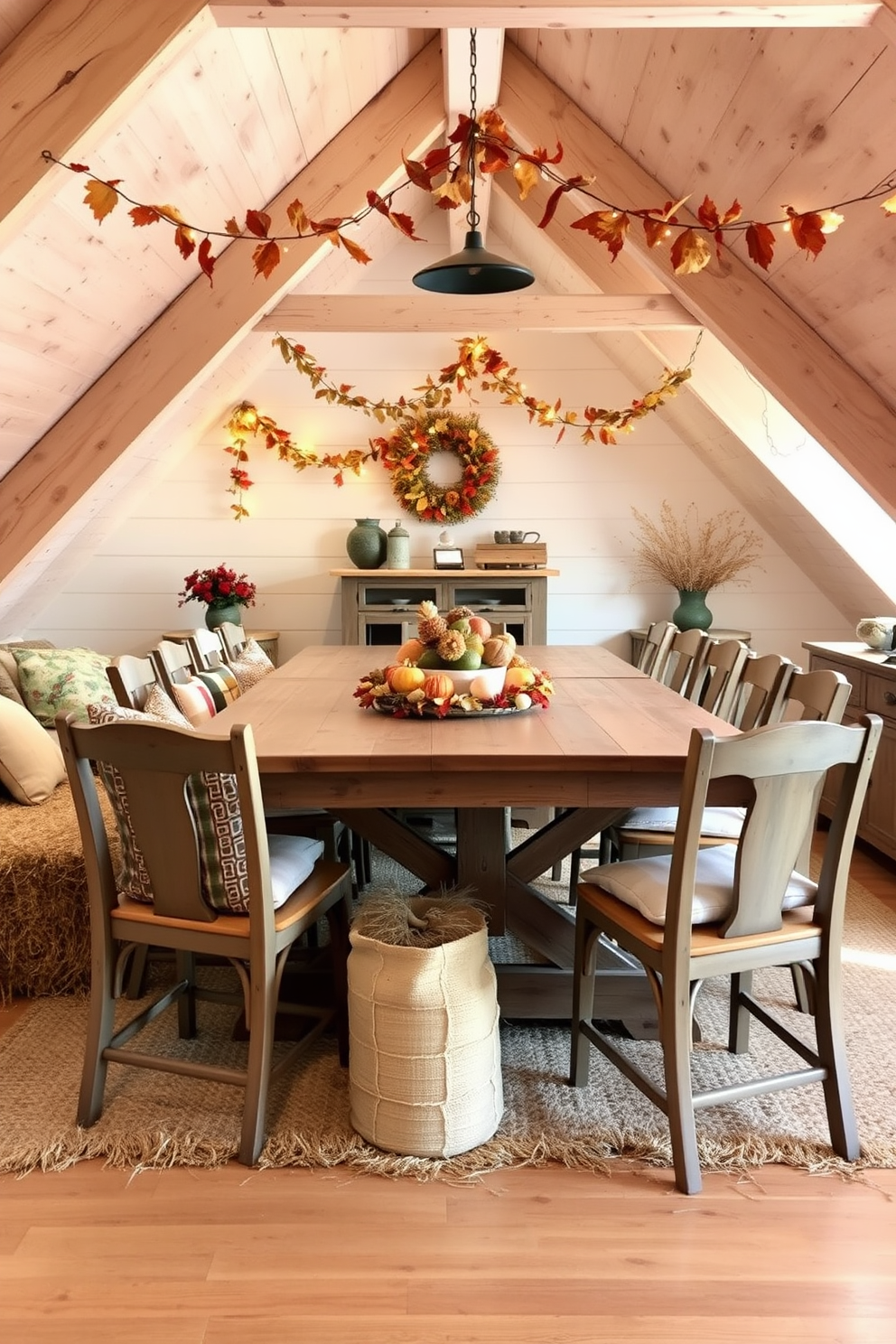 A cozy living room adorned with soft comfortable throws in warm autumn colors. The throws are draped over a plush sofa, inviting relaxation and warmth on chilly evenings. A charming attic space transformed into a festive gathering area for Thanksgiving. The decor features rustic elements, including a wooden table set with seasonal centerpieces and soft lighting that creates a welcoming atmosphere.