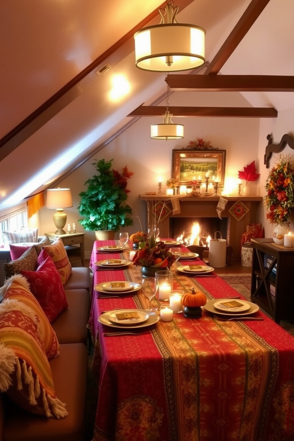 Colorful tablecloths to brighten space. A vibrant mix of patterns and hues drapes over a long dining table, adorned with seasonal centerpieces and warm lighting. Thanksgiving Attic Decorating Ideas. Cozy seating arrangements with plush cushions and warm throws create an inviting atmosphere, while autumn-themed decorations enhance the festive spirit.