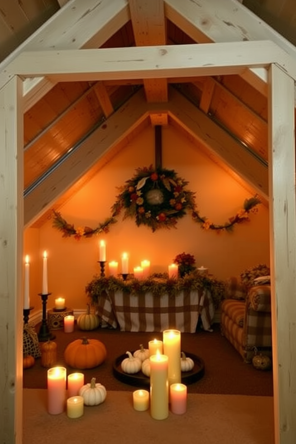 A cozy attic space decorated for Thanksgiving. Warm-toned candles are placed strategically around the room to create a soft ambient glow, while autumn-themed decorations like pumpkins and garlands adorn the wooden beams.