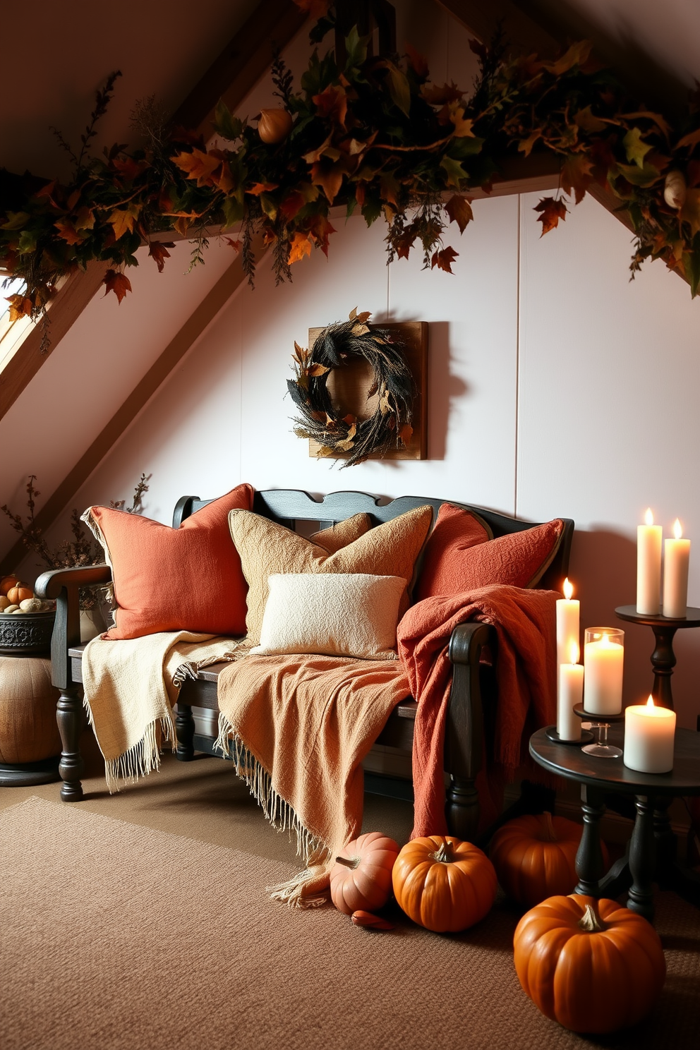 A cozy attic space adorned with autumn decorations. There are warm-toned throw pillows and blankets scattered on a vintage wooden bench, creating an inviting atmosphere. Seasonal scents waft through the air from elegant diffusers and beautifully arranged candles. The soft glow of candlelight enhances the charm of the space, making it perfect for Thanksgiving gatherings.