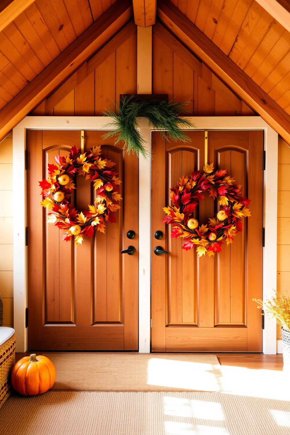 A cozy attic space adorned with beautiful autumn wreaths hanging on the wooden doors. The warm tones of orange, red, and yellow create a festive atmosphere perfect for Thanksgiving celebrations.