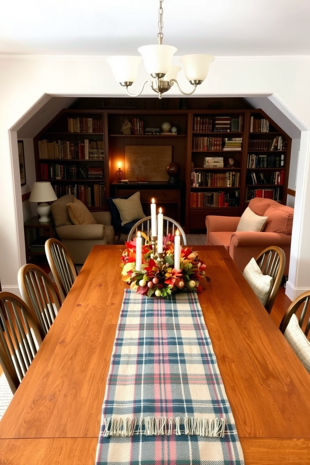 A cozy dining room adorned with a plaid table runner that adds rustic charm to the Thanksgiving table setting. The table is surrounded by mismatched wooden chairs, and a centerpiece of autumn leaves and candles enhances the festive atmosphere. An inviting attic space transformed into a cozy reading nook with plush seating and warm lighting. Vintage bookshelves line the walls, and soft textiles create a comfortable retreat for relaxation and inspiration.