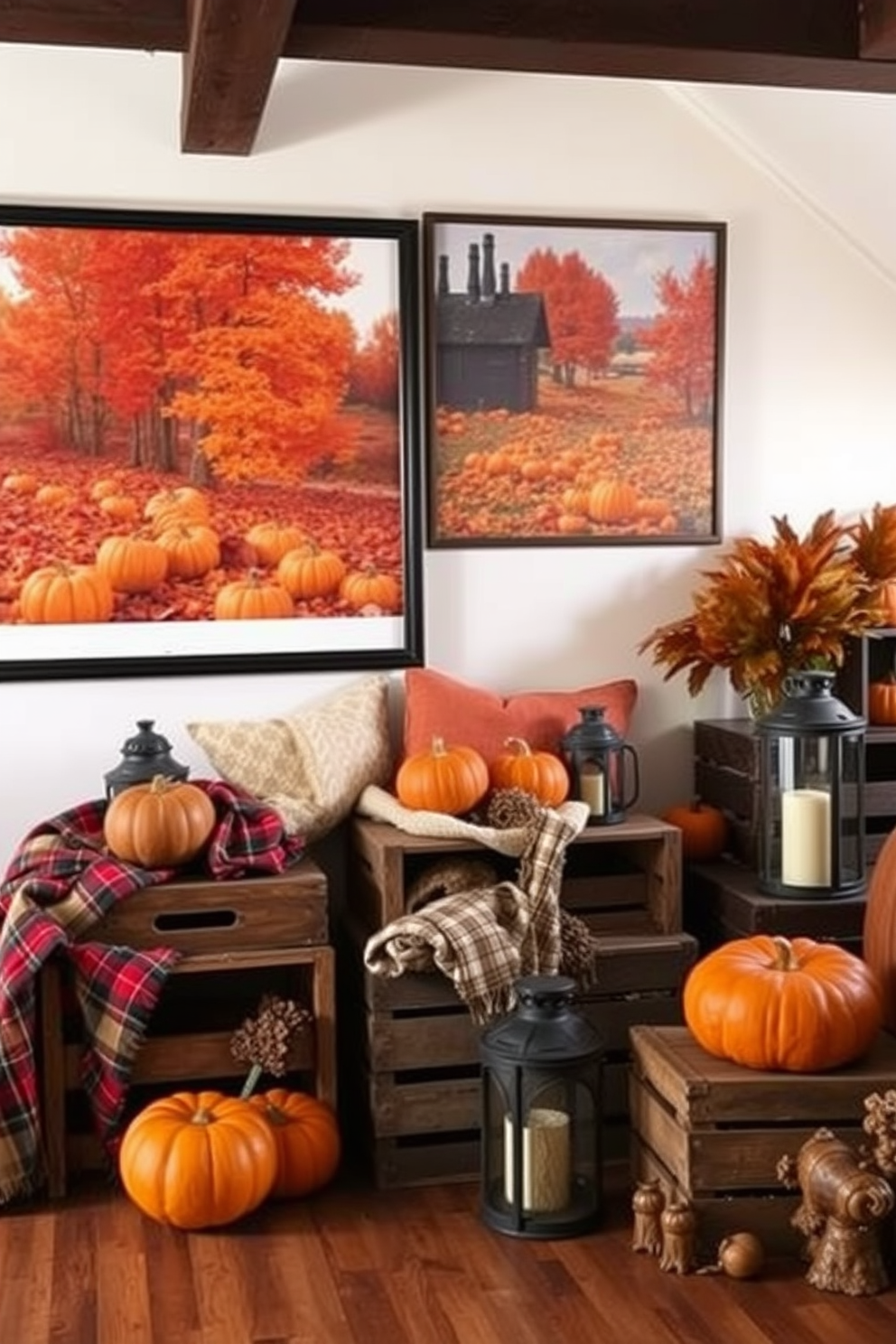 Seasonal artwork featuring autumn landscapes. The walls are adorned with large framed prints of vibrant fall foliage, pumpkins, and harvest scenes, creating a warm and inviting atmosphere. Thanksgiving attic decorating ideas. The space is filled with cozy elements such as vintage wooden crates, soft plaid blankets, and rustic lanterns, all complemented by a rich palette of oranges, browns, and golds.