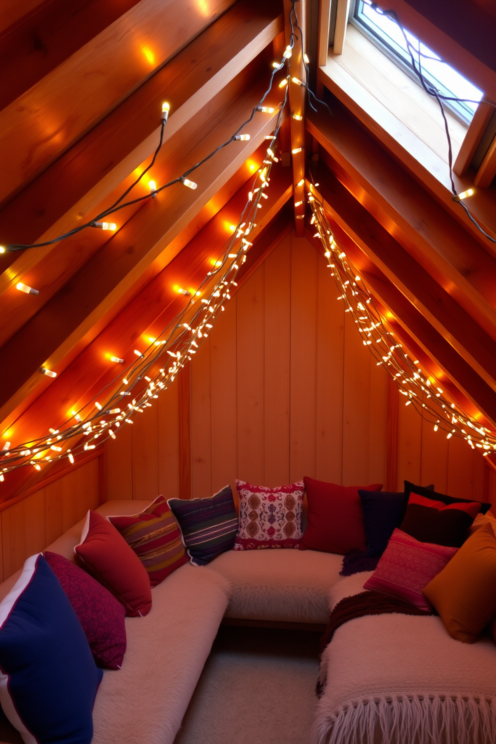 A cozy attic space adorned with string lights that create a warm and festive glow. The walls are lined with rustic wooden beams, and a plush seating area is arranged with colorful cushions and throws for a welcoming atmosphere.