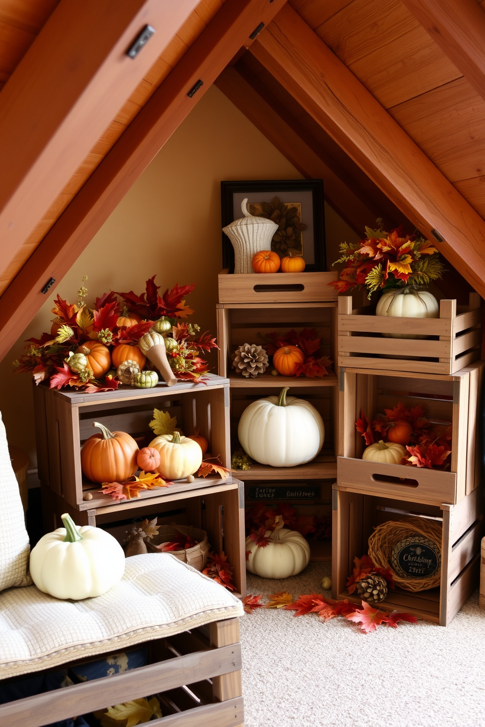 A cozy attic space adorned with wooden crates filled with seasonal decor for Thanksgiving. The crates are stacked in a corner, showcasing an array of autumn-themed items such as pumpkins, gourds, and colorful leaves.