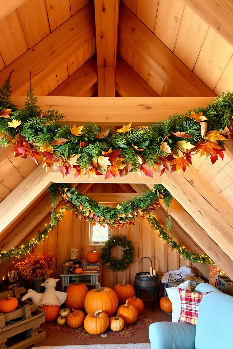 A charming harvest wreath adorns the attic door, bringing a festive touch to the space. The wreath is made of vibrant autumn leaves, pumpkins, and golden wheat, perfectly capturing the essence of Thanksgiving. Inside the attic, cozy blankets and warm-toned pillows are arranged on a vintage trunk. Soft fairy lights are draped around the beams, creating an inviting atmosphere for holiday gatherings.