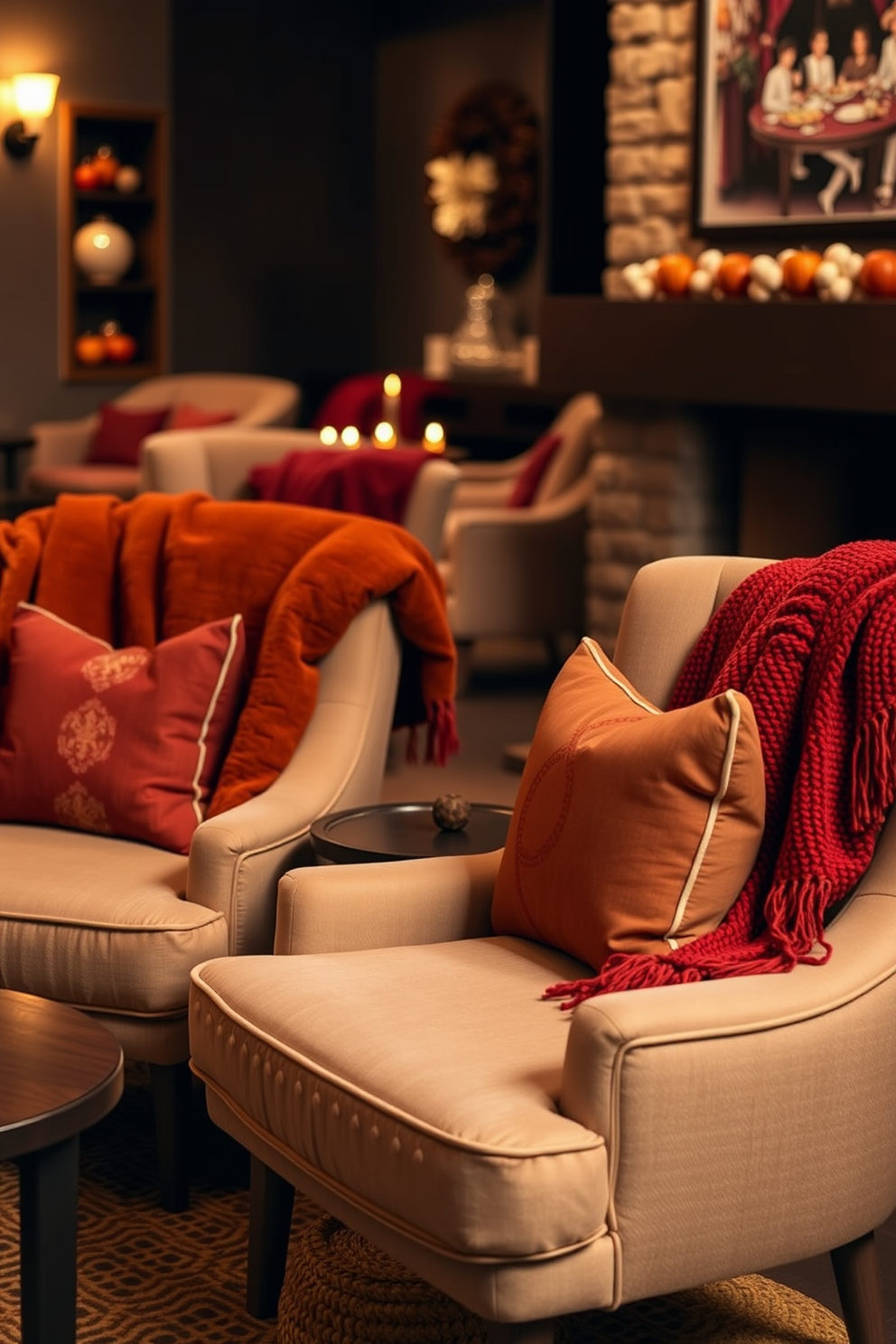 Cozy seating area featuring plush armchairs adorned with warm throw blankets in rich autumn colors. The space is illuminated by soft ambient lighting, creating an inviting atmosphere perfect for Thanksgiving gatherings.