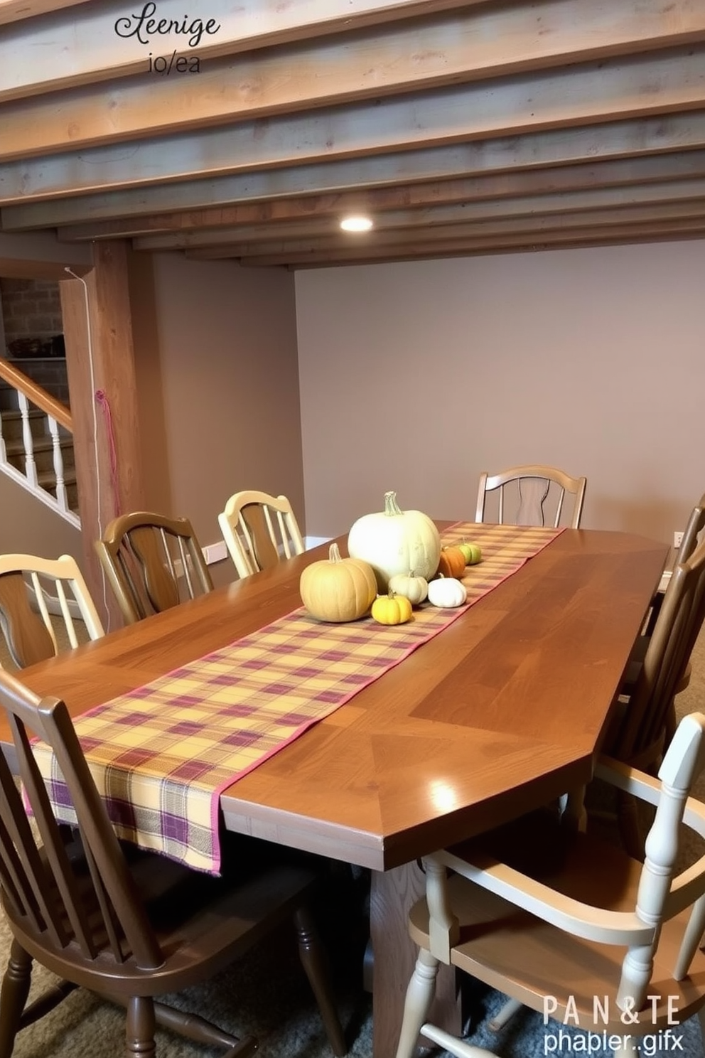 A cozy basement space featuring a large wooden dining table adorned with plaid table runners in warm autumn colors. Surrounding the table are mismatched chairs, each with its own unique charm, creating an inviting atmosphere perfect for Thanksgiving gatherings. The walls are painted in soft earth tones, complemented by rustic wooden beams overhead. Decorative elements include pumpkins and gourds placed strategically around the table, enhancing the seasonal decor and inviting a festive spirit.