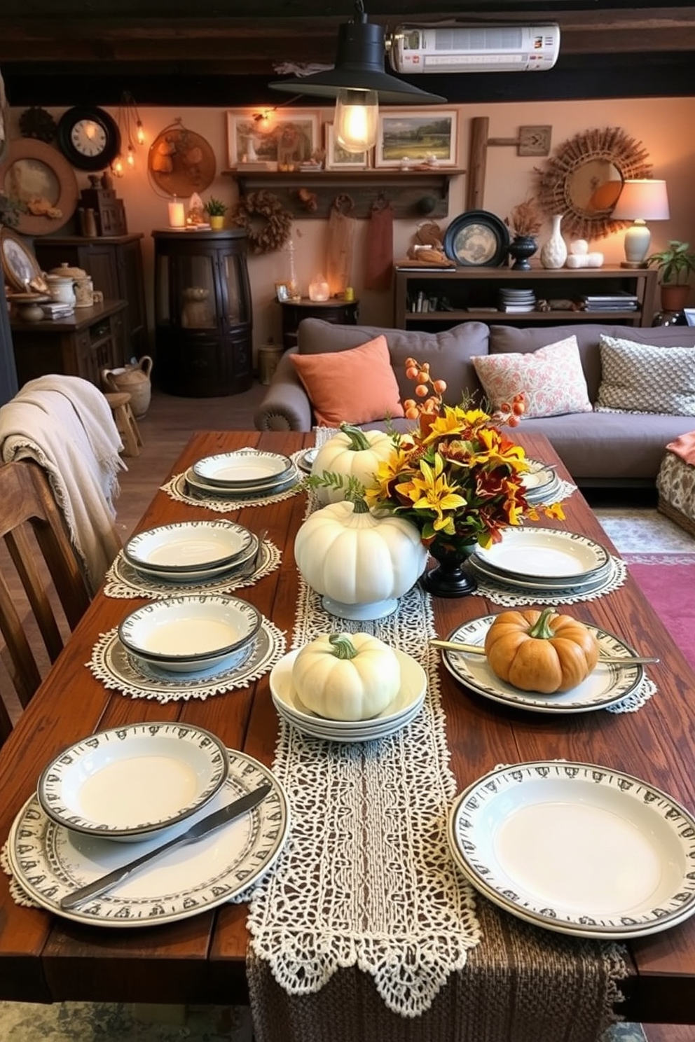 Vintage dishware arranged on a rustic wooden table creates a charming and inviting atmosphere for Thanksgiving. The table is adorned with delicate lace table runners and autumn-themed centerpieces featuring pumpkins and seasonal foliage. In the basement, cozy seating is complemented by warm lighting and eclectic decor that reflects a vintage aesthetic. Soft throw blankets and pillows in earthy tones enhance the comfort, making it an ideal gathering space for family and friends.