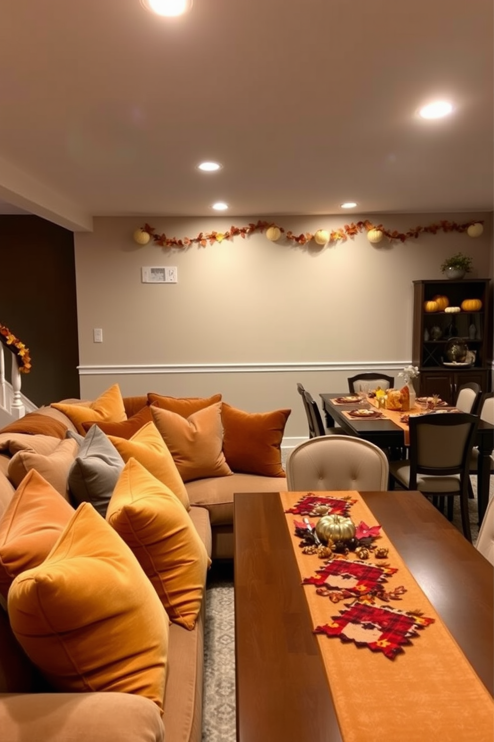 Warm-toned cushions are arranged on a plush sectional sofa, creating a cozy and inviting atmosphere. The basement features soft lighting that enhances the warmth of the cushions, making it the perfect space for relaxation during Thanksgiving gatherings. The walls are adorned with autumn-themed decorations, including garlands of leaves and pumpkins. A large dining table is set up for Thanksgiving dinner, surrounded by comfortable chairs and accented with a festive table runner.