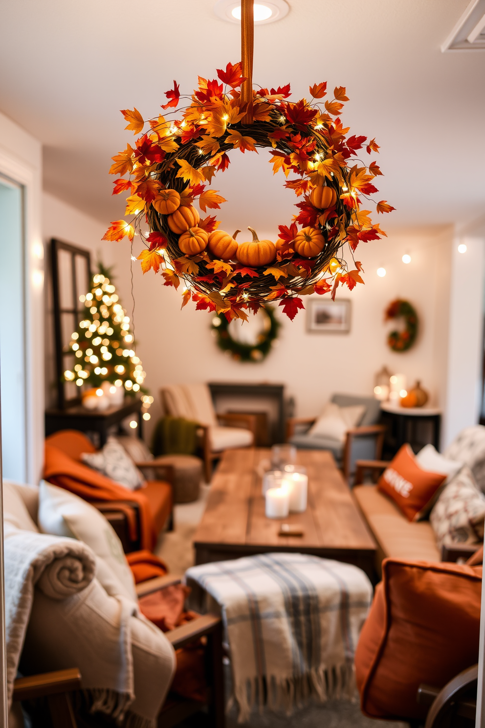 A seasonal table runner is beautifully laid across a rustic wooden dining table, showcasing earthy tones of burnt orange, deep brown, and soft cream. Surrounding the table are elegant place settings with ceramic dishes and natural elements like pinecones and small pumpkins. The basement is transformed into a cozy gathering space, featuring warm lighting and plush seating arrangements. Decorated with autumn-themed accents, the walls are adorned with framed artwork depicting fall landscapes and seasonal motifs.