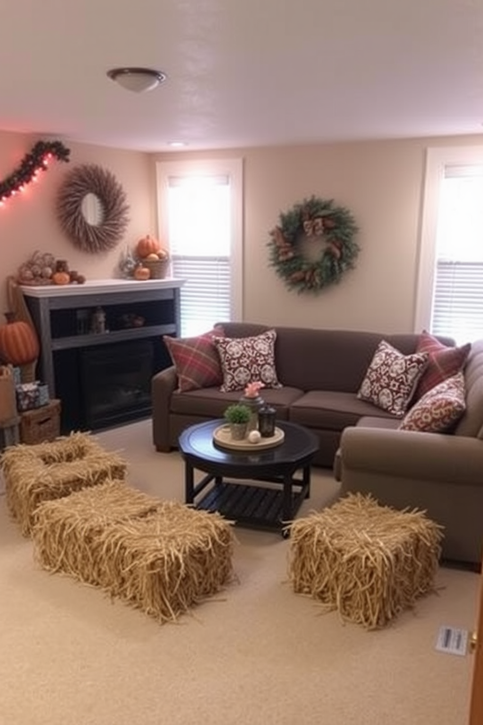 Create a cozy basement space decorated for Thanksgiving. Incorporate miniature hay bales as decorative accents, adding warmth and a rustic touch to the setting. Arrange the hay bales in clusters around a central seating area. Use soft, warm lighting to enhance the festive atmosphere and complement the autumn-themed decor.