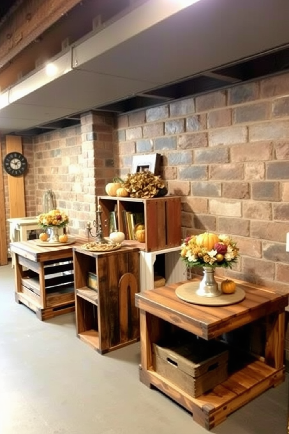 Create a cozy basement space featuring unique table displays made from wooden crates. Arrange the crates in varying heights to serve as rustic tables adorned with autumn-themed decorations for Thanksgiving.